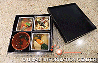 Umami Tasting Bento Box: Clockwise from bottom right: Vegetable takiawase, clear soup osuimono, sardine served with umami sauce, umami broth pasta